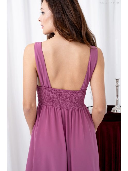 Mira – V-kivágású, gumis hátú muszlin maxi ruha rose színben