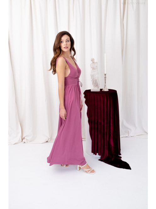 Mira – V-kivágású, gumis hátú muszlin maxi ruha rose színben