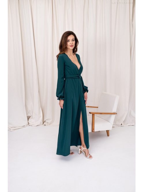 Daisy – átlapolt, hosszú ujjú muszlin maxi ruha sötétzöld színben