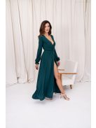 Daisy – átlapolt, hosszú ujjú muszlin maxi ruha sötétzöld színben