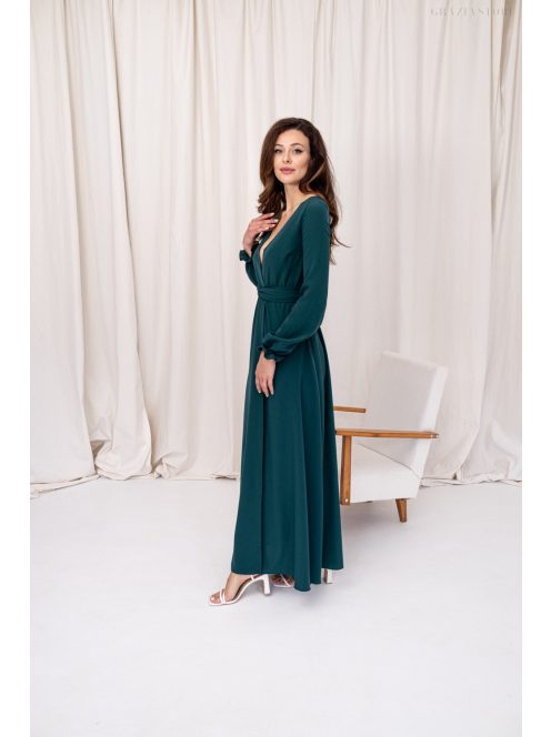 Daisy – átlapolt, hosszú ujjú muszlin maxi ruha sötétzöld színben