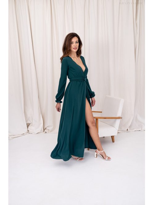 Daisy – átlapolt, hosszú ujjú muszlin maxi ruha sötétzöld színben