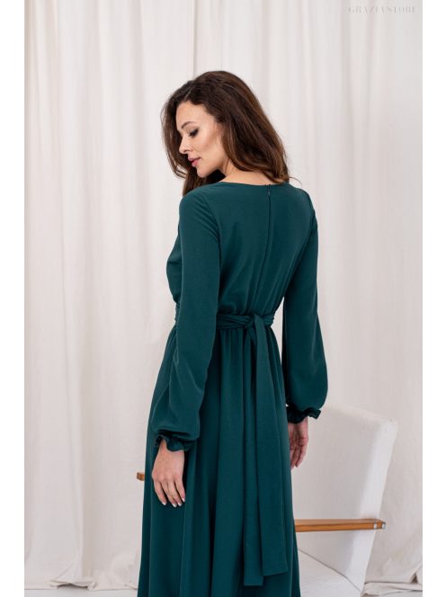 Daisy – átlapolt, hosszú ujjú muszlin maxi ruha sötétzöld színben