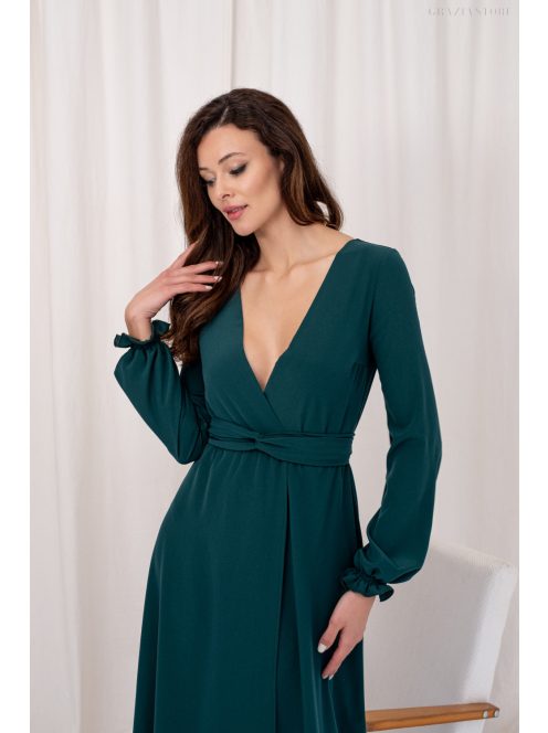 Daisy – átlapolt, hosszú ujjú muszlin maxi ruha sötétzöld színben