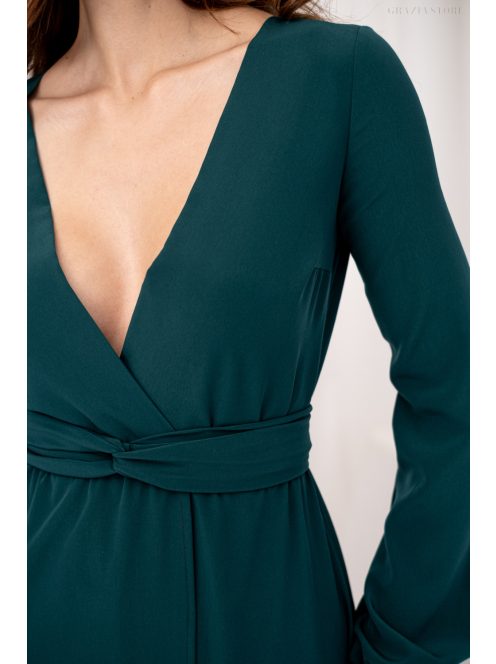 Daisy – átlapolt, hosszú ujjú muszlin maxi ruha sötétzöld színben