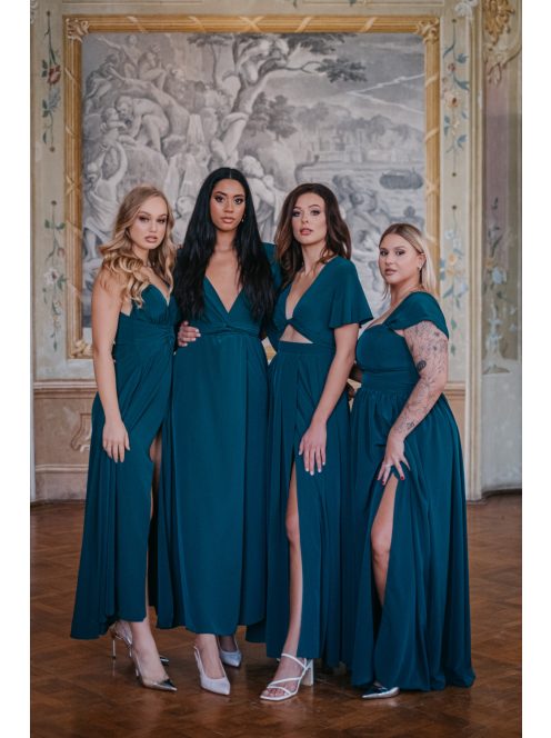 Leila – muszlin maxi ruha átlapolt felsőrésszel sötétzöld színben.