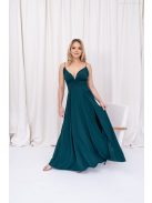 Zelma – spagetti pántos, mély dekoltázsú muszlin maxi ruha A vonalú szoknyával sötétzöld színben