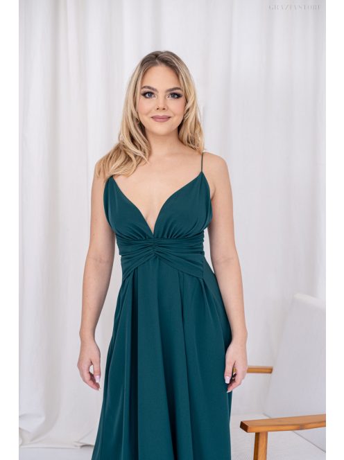 Zelma – spagetti pántos, mély dekoltázsú muszlin maxi ruha A vonalú szoknyával sötétzöld színben