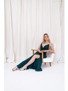 Zelma – spagetti pántos, mély dekoltázsú muszlin maxi ruha A vonalú szoknyával sötétzöld színben