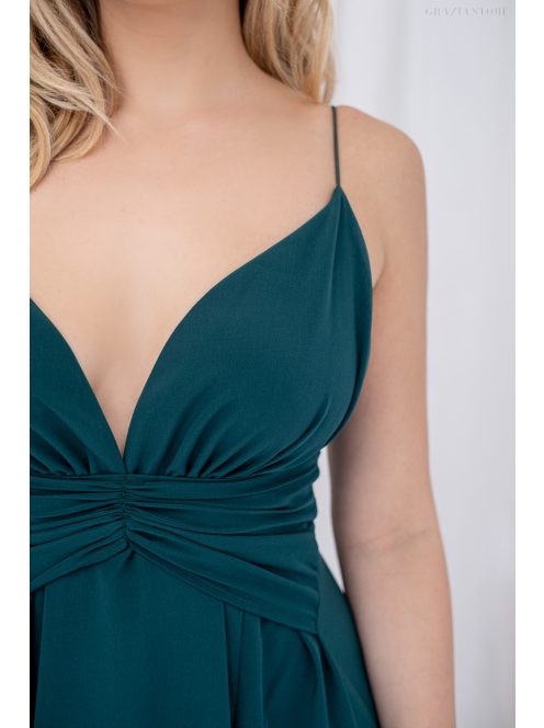 Zelma – spagetti pántos, mély dekoltázsú muszlin maxi ruha A vonalú szoknyával sötétzöld színben