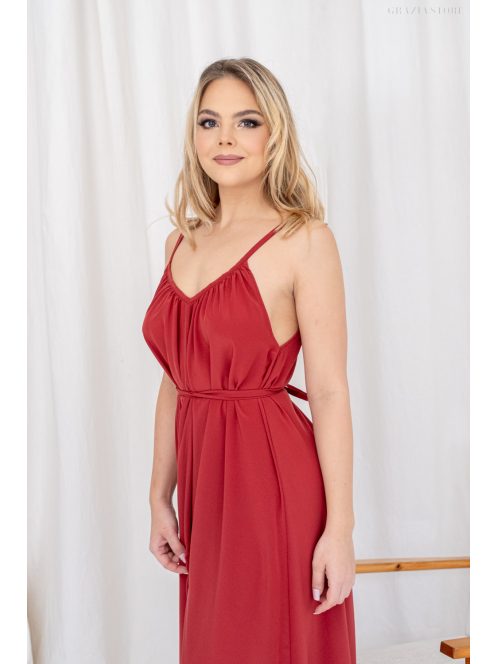 Vanda – derékban megkötős muszlin maxi ruha állítható pántokkal tégla színben