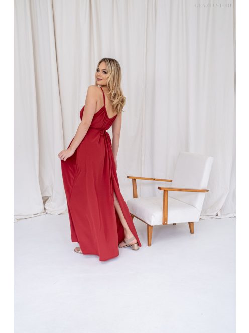 Vanda – derékban megkötős muszlin maxi ruha állítható pántokkal tégla színben