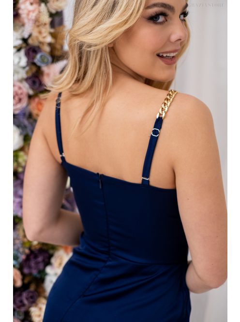 Lola – oldalán húzott, ejtett nyakvonalú mini ruha sötétkék színben light szatén anyagból