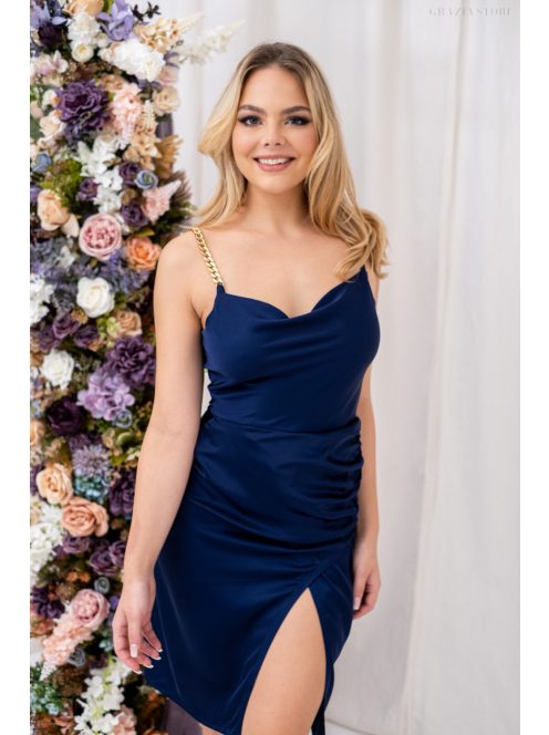 Lola – oldalán húzott, ejtett nyakvonalú sötétkék mini ruha.