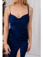 Lola – oldalán húzott, ejtett nyakvonalú mini ruha sötétkék színben light szatén anyagból