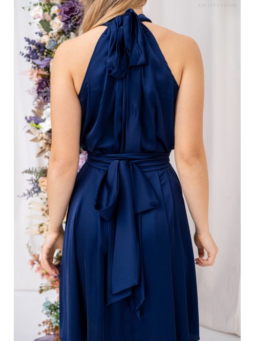 Olga – nyakban és derékban megkötős mini ruha light szatén anyagból sötétkék színben