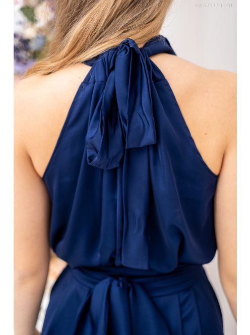 Olga – nyakban és derékban megkötős sötétkék mini ruha.