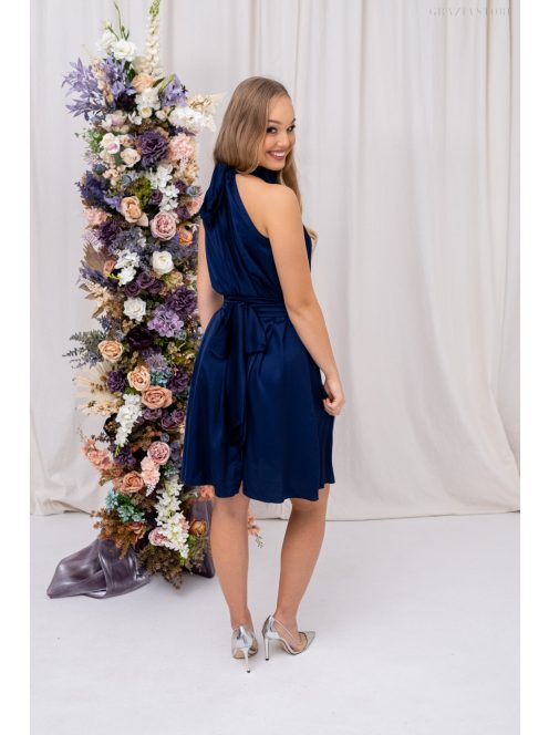 Olga – nyakban és derékban megkötős mini ruha light szatén anyagból sötétkék színben