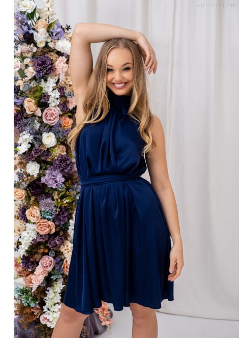 Olga – nyakban és derékban megkötős mini ruha light szatén anyagból sötétkék színben