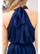 Olga – nyakban és derékban megkötős mini ruha light szatén anyagból sötétkék színben