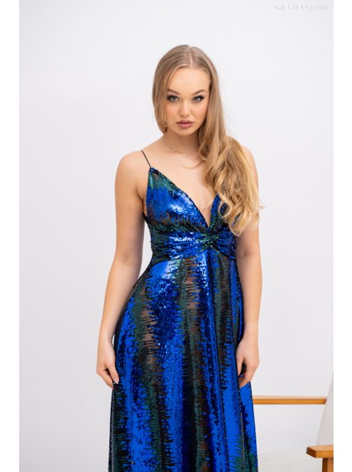 Zelma – spagetti pántos, mély dekoltázsú flitteres maxi ruha A vonalú szoknyával kék-zöld színben