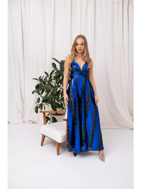 Zelma – spagetti pántos, mély dekoltázsú flitteres maxi ruha A vonalú szoknyával kék-zöld színben