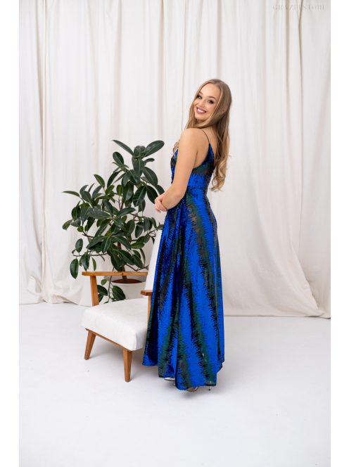 Zelma – spagetti pántos, mély dekoltázsú flitteres maxi ruha A vonalú szoknyával kék-zöld színben