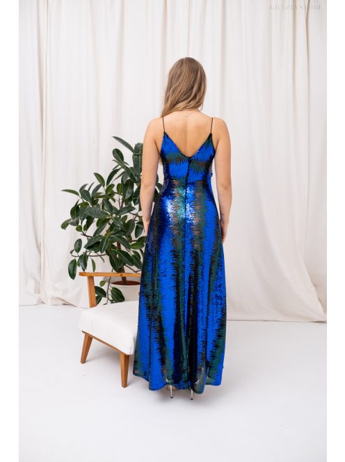 Zelma – spagetti pántos, mély dekoltázsú flitteres maxi ruha A vonalú szoknyával kék-zöld színben