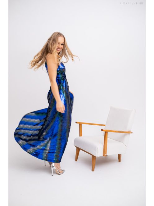 Zelma – spagetti pántos, mély dekoltázsú flitteres maxi ruha A vonalú szoknyával kék-zöld színben