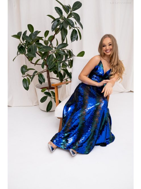 Zelma – spagetti pántos, mély dekoltázsú flitteres maxi ruha A vonalú szoknyával kék-zöld színben