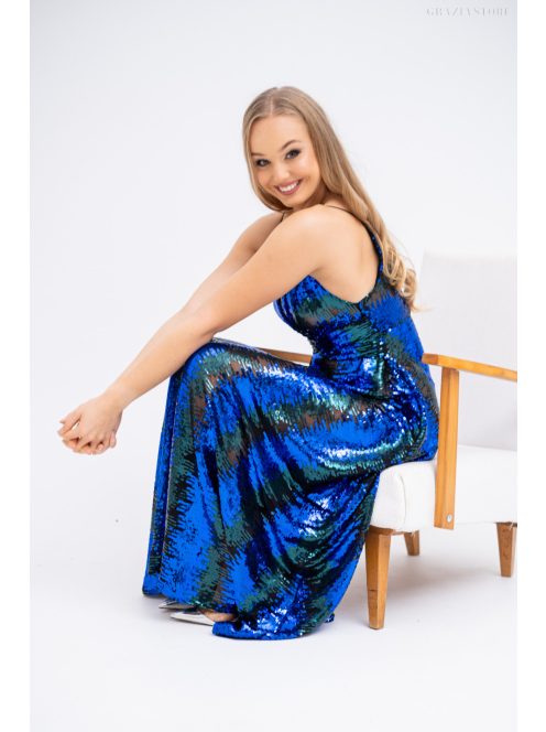 Zelma – spagetti pántos, mély dekoltázsú flitteres maxi ruha A vonalú szoknyával kék-zöld színben