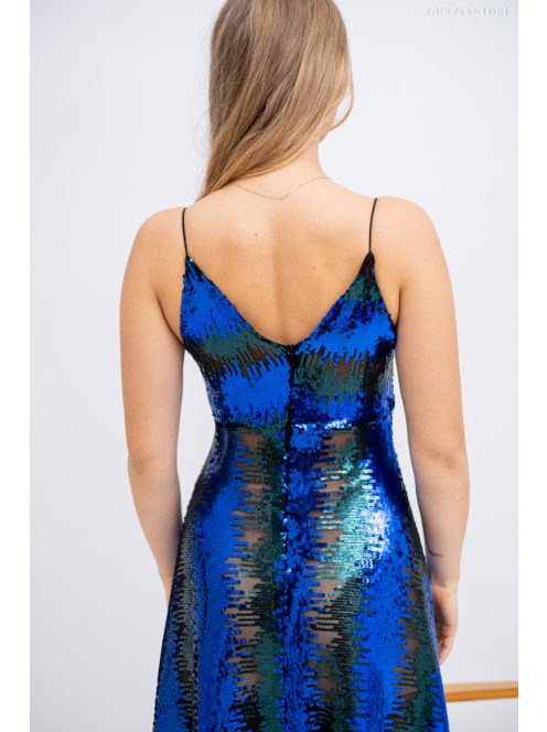 Zelma – spagetti pántos, mély dekoltázsú flitteres maxi ruha A vonalú szoknyával kék-zöld színben