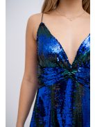 Zelma – spagetti pántos, mély dekoltázsú flitteres maxi ruha A vonalú szoknyával kék-zöld színben