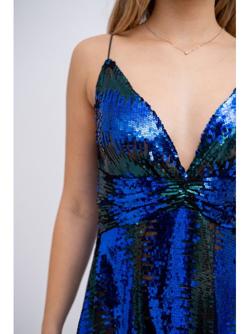 Zelma – spagetti pántos, mély dekoltázsú flitteres maxi ruha A vonalú szoknyával kék-zöld színben