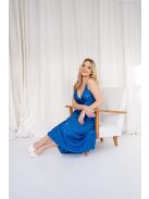 Emili- V-kivágású, ráncolt maxi ruha, vékony pántokkal fényes kék pliszírozott anyagból
