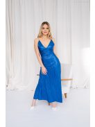 Emili - V-kivágású, ráncolt maxi ruha, vékony pántokkal fényes kék.