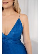 Emili - V-kivágású, ráncolt maxi ruha, vékony pántokkal fényes kék.