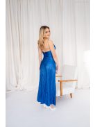 Emili - V-kivágású, ráncolt maxi ruha, vékony pántokkal fényes kék.
