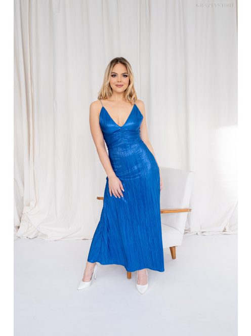 Emili - V-kivágású, ráncolt maxi ruha, vékony pántokkal fényes kék.