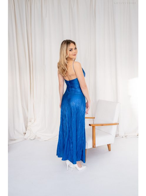 Emili - V-kivágású, ráncolt maxi ruha, vékony pántokkal fényes kék.