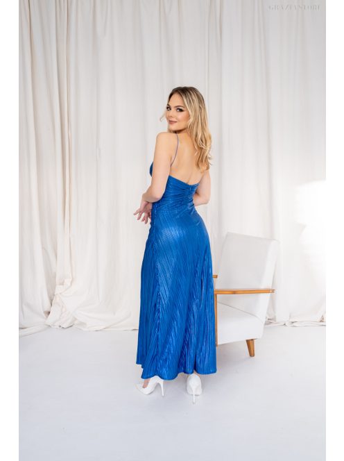 Emili - V-kivágású, ráncolt maxi ruha, vékony pántokkal fényes kék.