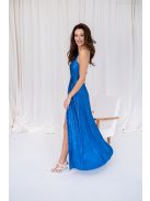 Zita – kék színű maxi különleges hátmegoldással fényes pliszírozott anyagból