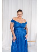 Inez – ráncolt felsőrészű, romantikus ujjú kék színű maxi ruha fényes, pliszírozott anyagból