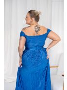 Inez – ráncolt felsőrészű, romantikus ujjú kék színű maxi ruha fényes, pliszírozott anyagból