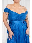 Inez – ráncolt felsőrészű, romantikus ujjú kék színű maxi ruha fényes, pliszírozott anyagból