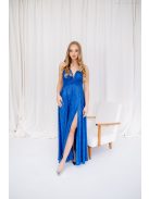 Zelma – spagetti pántos, mély dekoltázsú fényes, pliszírozott maxi ruha kék színben