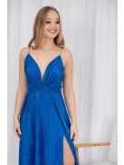 Zelma – spagetti pántos, mély dekoltázsú fényes, pliszírozott maxi ruha kék színben