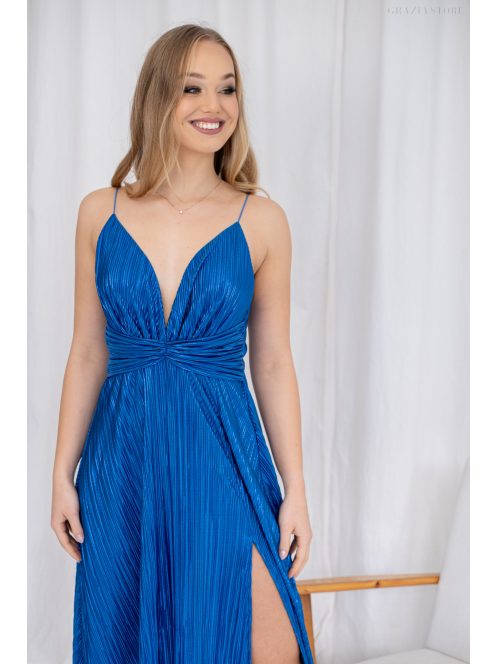Zelma – spagetti pántos, mély dekoltázsú fényes, pliszírozott maxi ruha kék színben