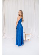 Zelma – spagetti pántos, mély dekoltázsú fényes, pliszírozott maxi ruha kék színben