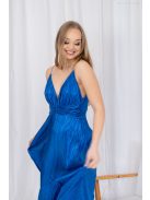 Zelma – spagetti pántos, mély dekoltázsú fényes, pliszírozott maxi ruha kék színben